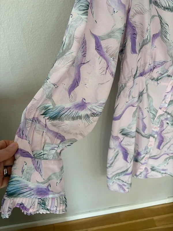 Plisserad Klänning med Fågelprint