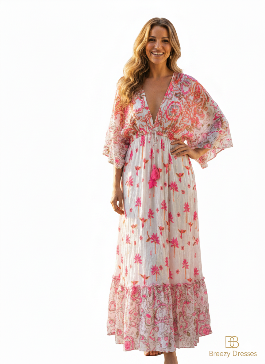 Lång klänning vit/rosa broderier från Lula Natura