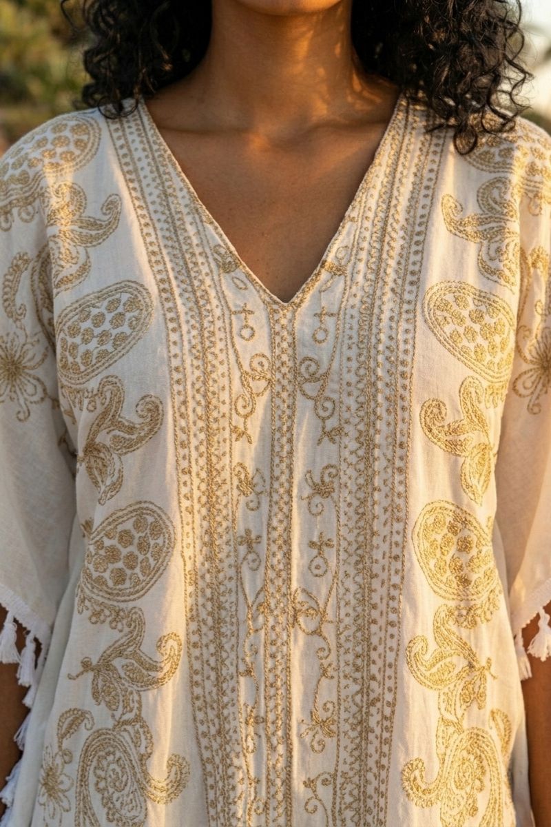 Bohemisk Kaftanklänning beige & guld – Lula Natura