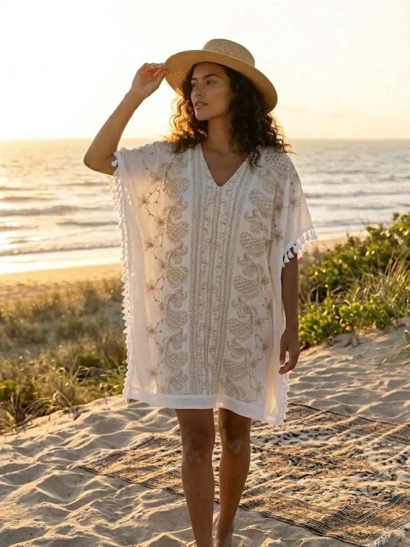 Bohemisk Kaftanklänning beige & guld – Lula Natura